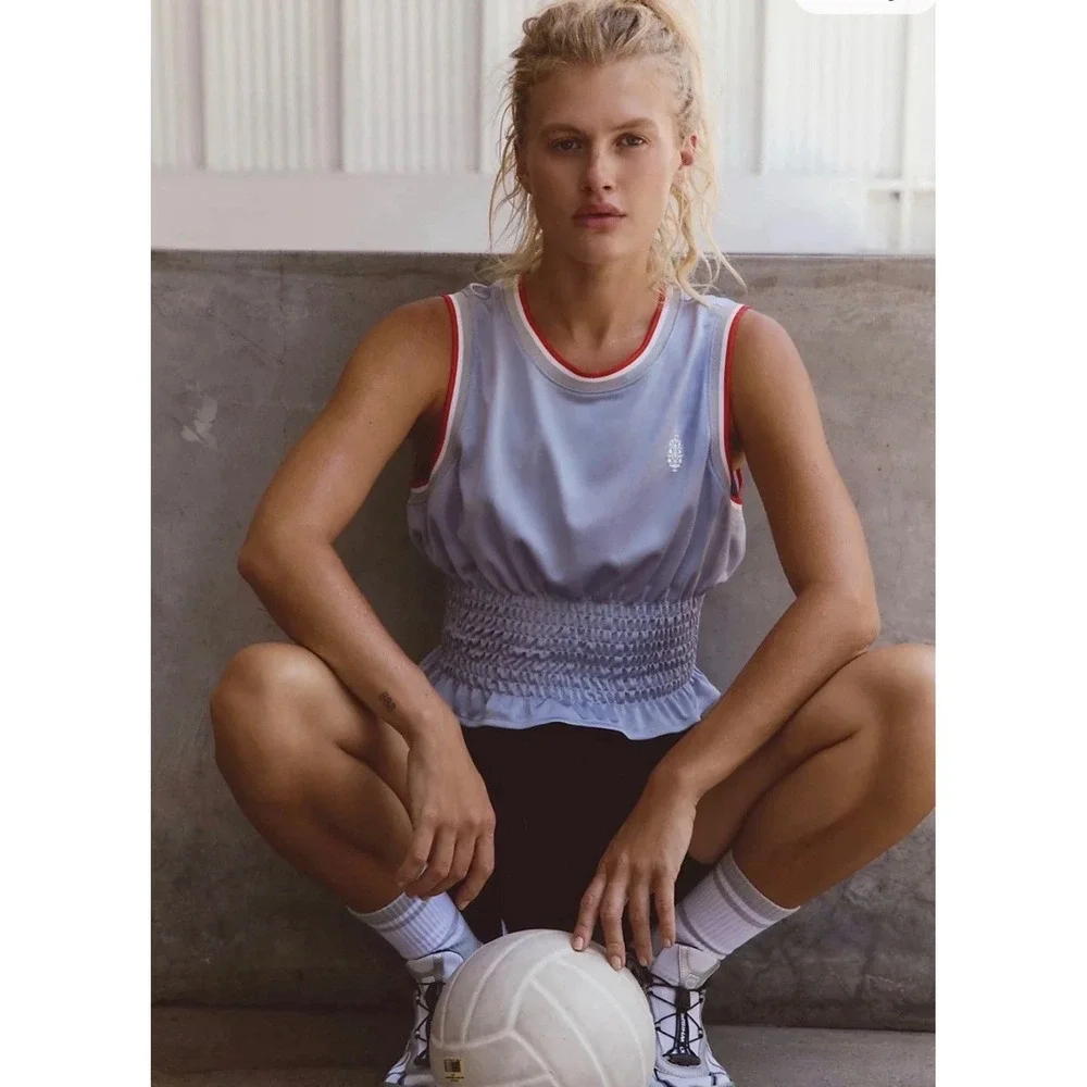 Free People FP Movement Women Size SMALL Prime Time Tank Top Blue Grey Smocked - Picture 9 of 9